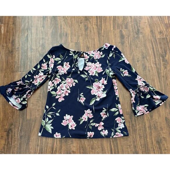 Nine Britton Women’s Navy Blue Floral 3/4 Flare Sleeve Top Stretch Keyhole Small - Picture 2 of 5